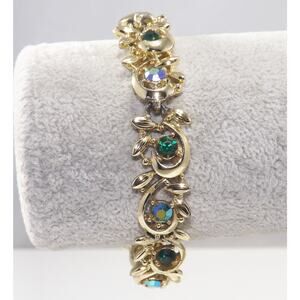 BSK Blue Green AB Rhinestone Gold Tone Bracelet 1950s Mid Century Vintage